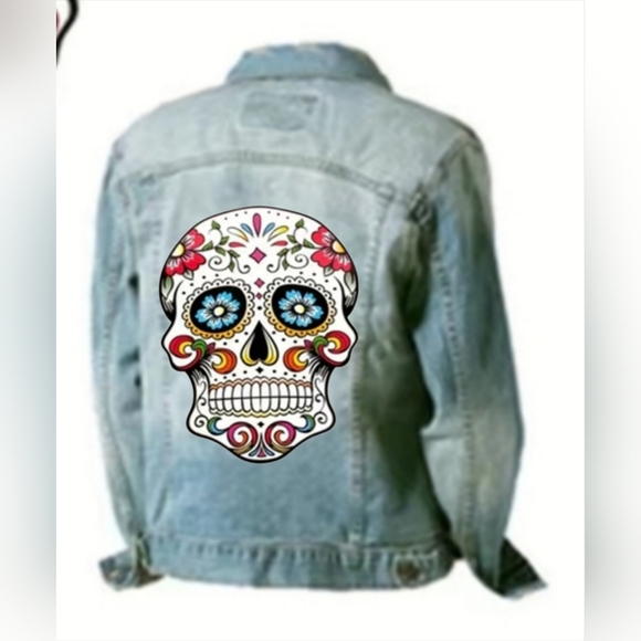 Hand Crafted Jackets & Blazers - LARGE SKULL Print Denim Jacket.